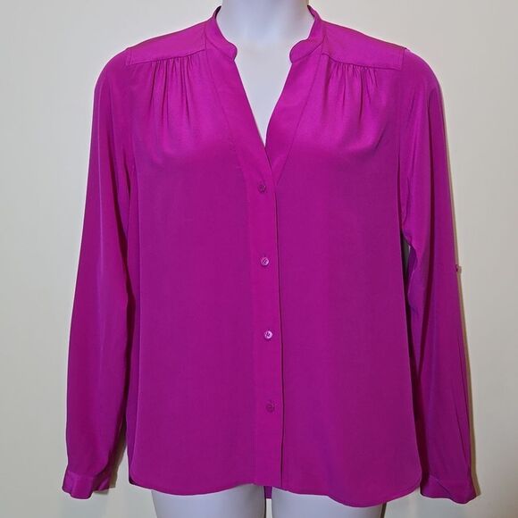 Diane Von Furstenburg Harlow Silk Blouse Top Size 12 Pink Roll Tab Button Down - Picture 14 of 16
